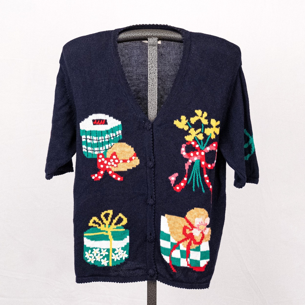 Vintage 90s Susan Bristol Cottagecore Cardigan Sweater LARGE Whimsical Bow Ramie